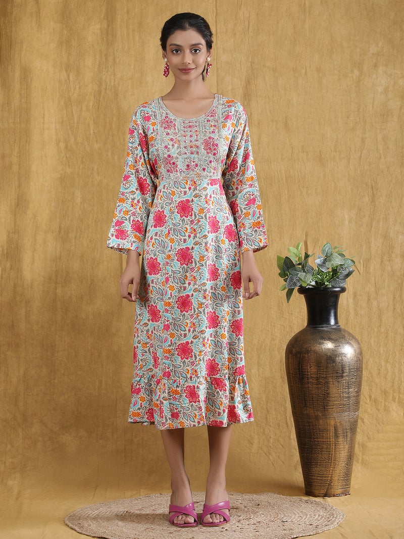 Shifory Floral Print Round Neck 3/4 Sleeve Pink Anarkali Kurti for Women - Image 1